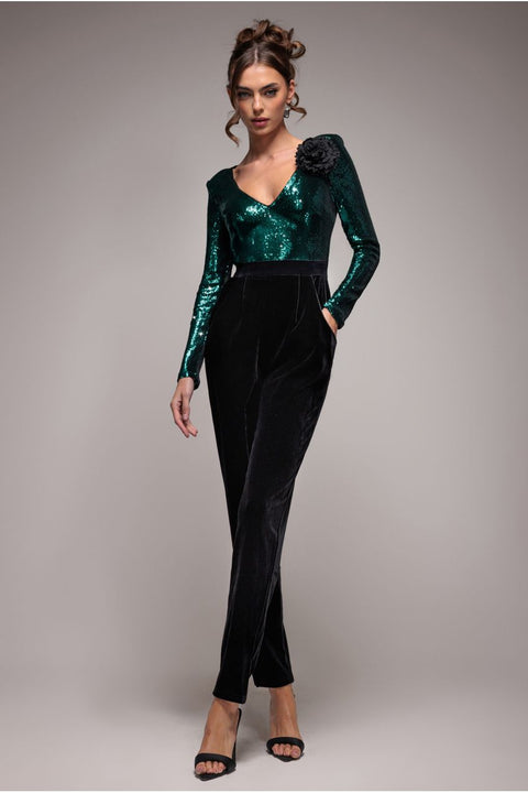 Goddiva Liquid Sequin Romper With Corsage - Emerald Green