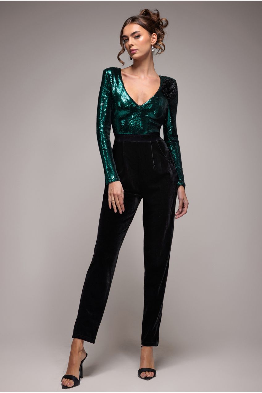 Goddiva Liquid Sequin Romper With Corsage - Emerald Green