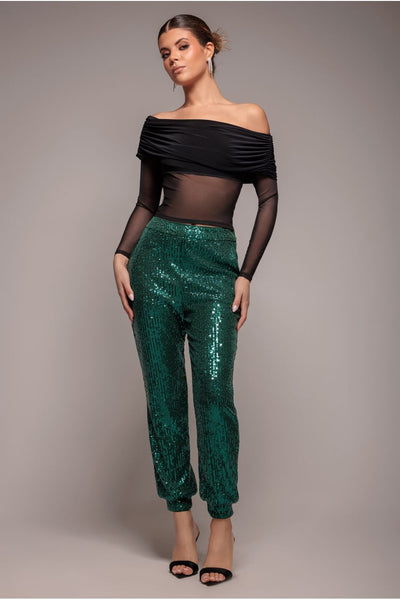 Emerald - Goddiva Sequin Cuffed Ankle Pant - Emerald