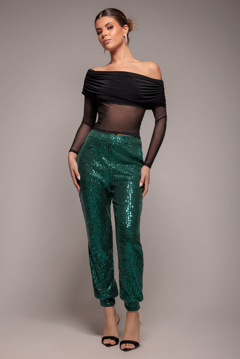 Goddiva Sequin Cuffed Ankle Pant - Emerald
