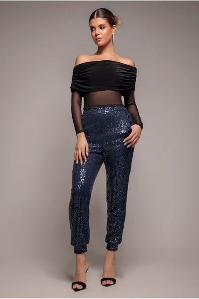 Navy - Goddiva Sequin Cuffed Ankle Pant - Navy