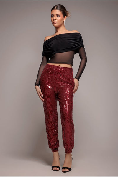 Wine - Goddiva Sequin Cuffed Ankle Pant - Wine