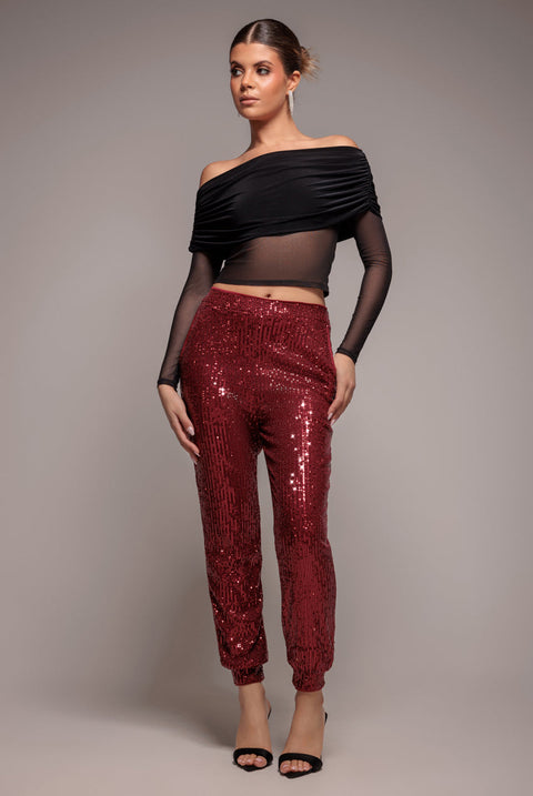Goddiva Sequin Cuffed Ankle Pant - Wine