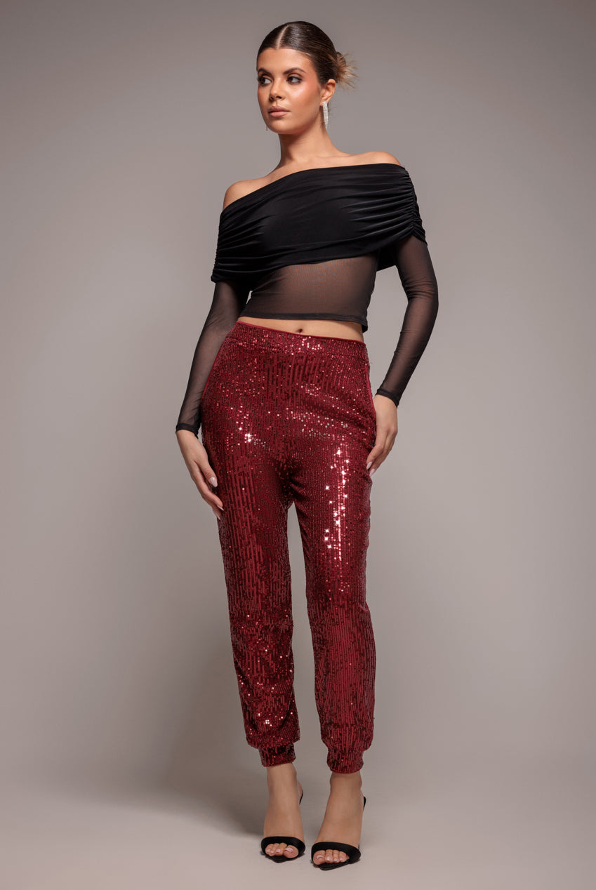 Goddiva Sequin Cuffed Ankle Pant - Wine
