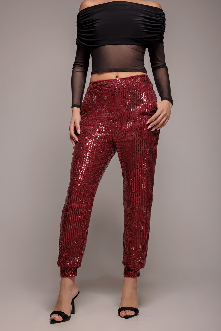Goddiva Sequin Cuffed Ankle Pant - Wine