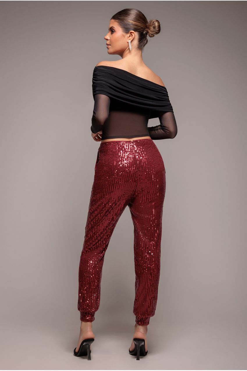 Goddiva Sequin Cuffed Ankle Pant - Wine