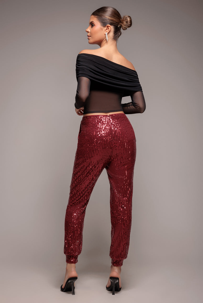 Goddiva Sequin Cuffed Ankle Pant - Wine