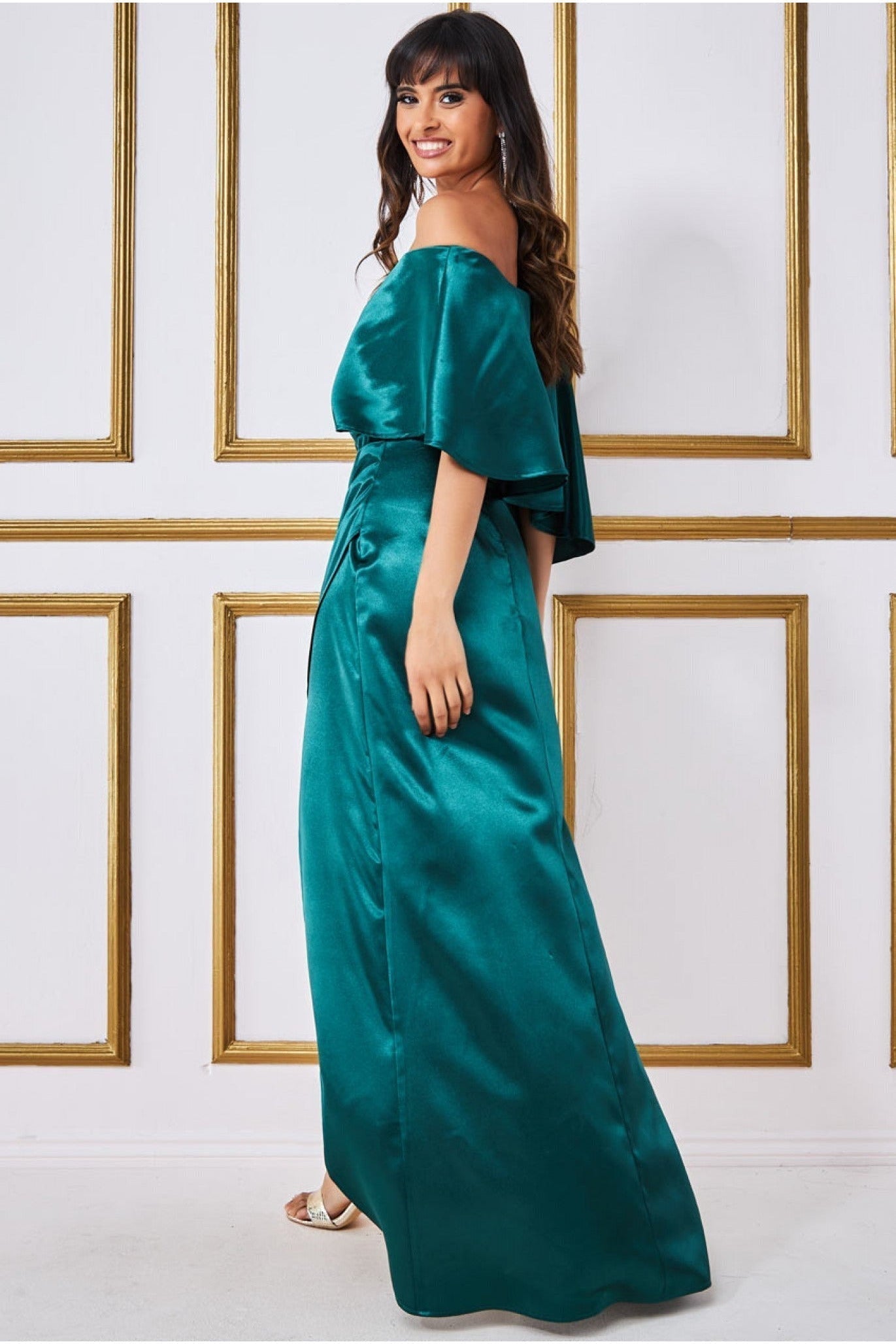 Goddiva Satin Drape Shoulder Wrap Maxi Dress - Emerald Green