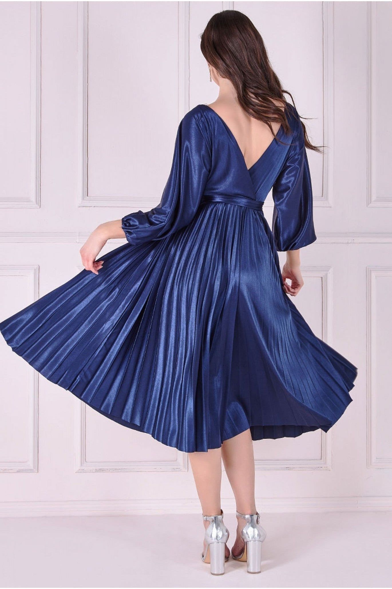 Goddiva Satin Pleated Skirt Wrap Midi Dress - Navy