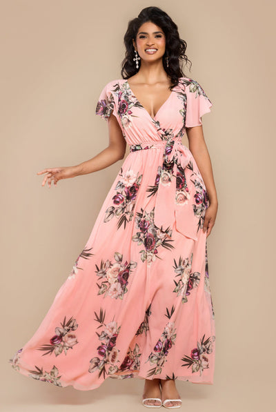 Peach - Goddiva Sustainable Printed Flutter Sleeve Maxi Dress - Peach