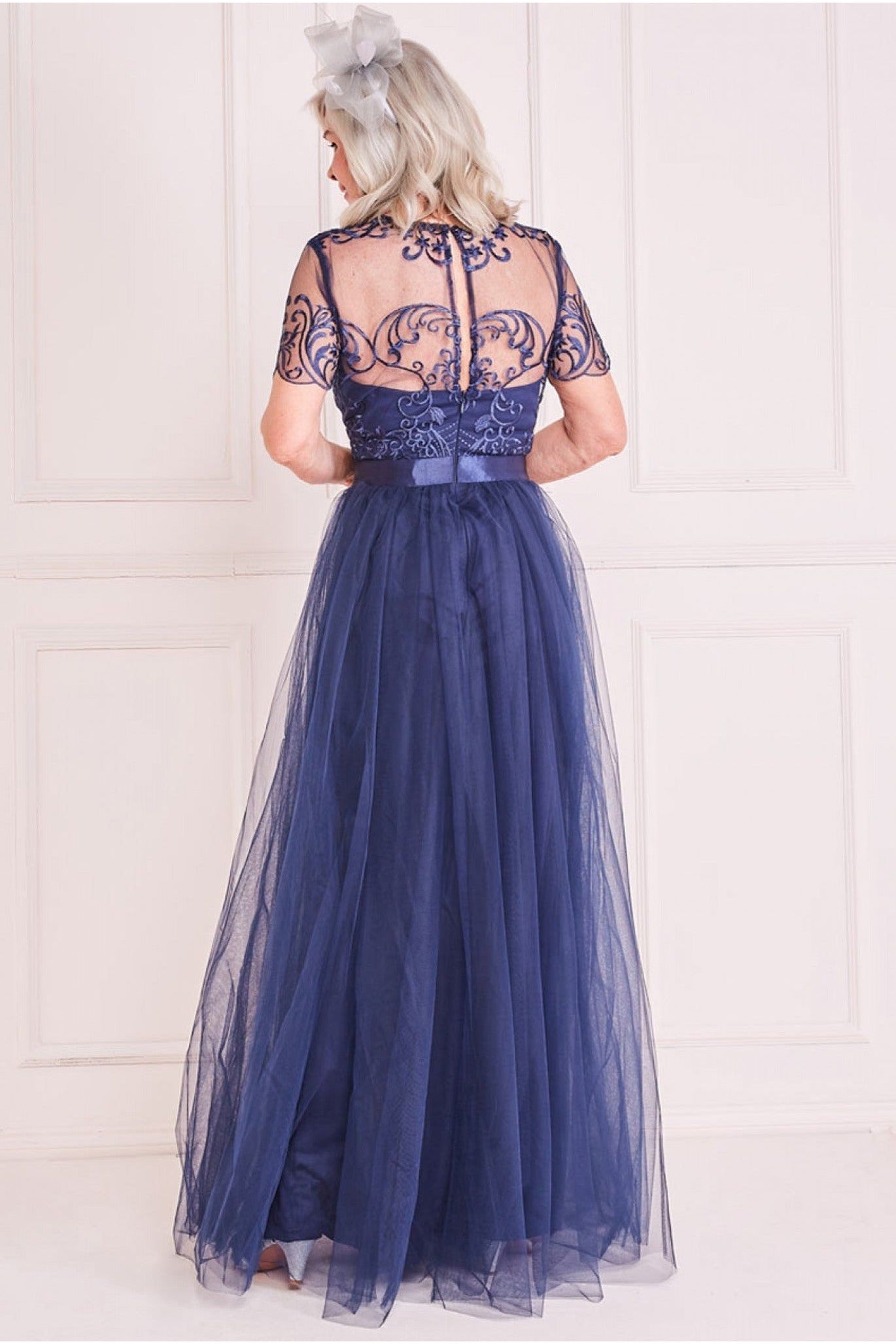 Goddiva Mesh Embroidered Maxi Dress - Navy