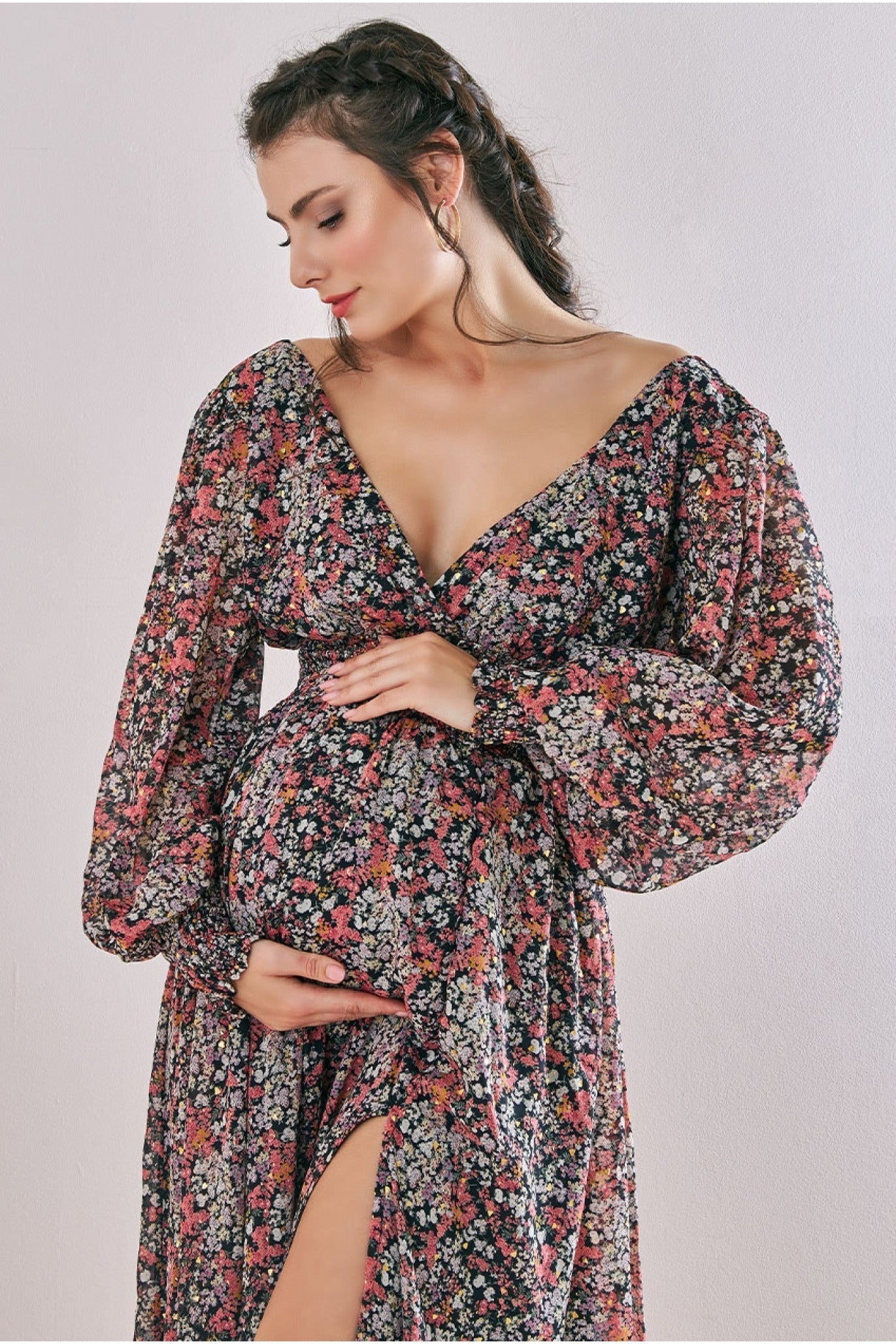 Goddiva Maternity Long Sleeve Midi Floral Print