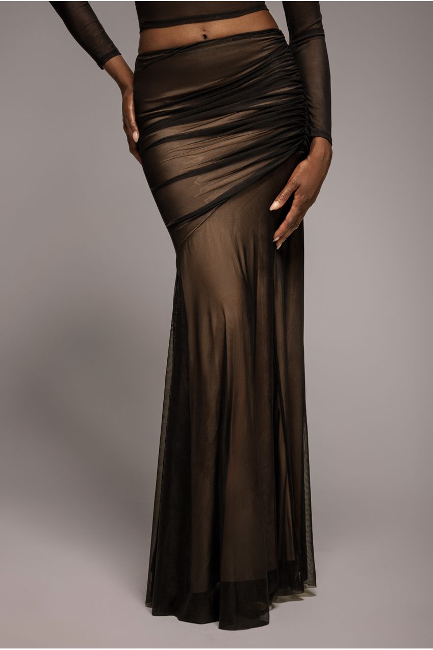 Goddiva Mesh Gathered Mermaid Maxi Skirt - Black