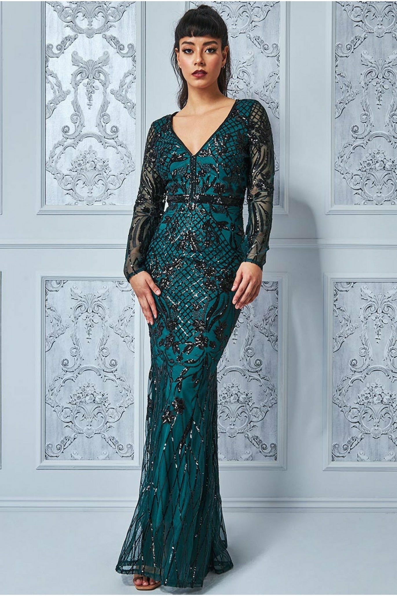 Goddiva Full Sleeve Sequin Evening Dress - Emerald Green