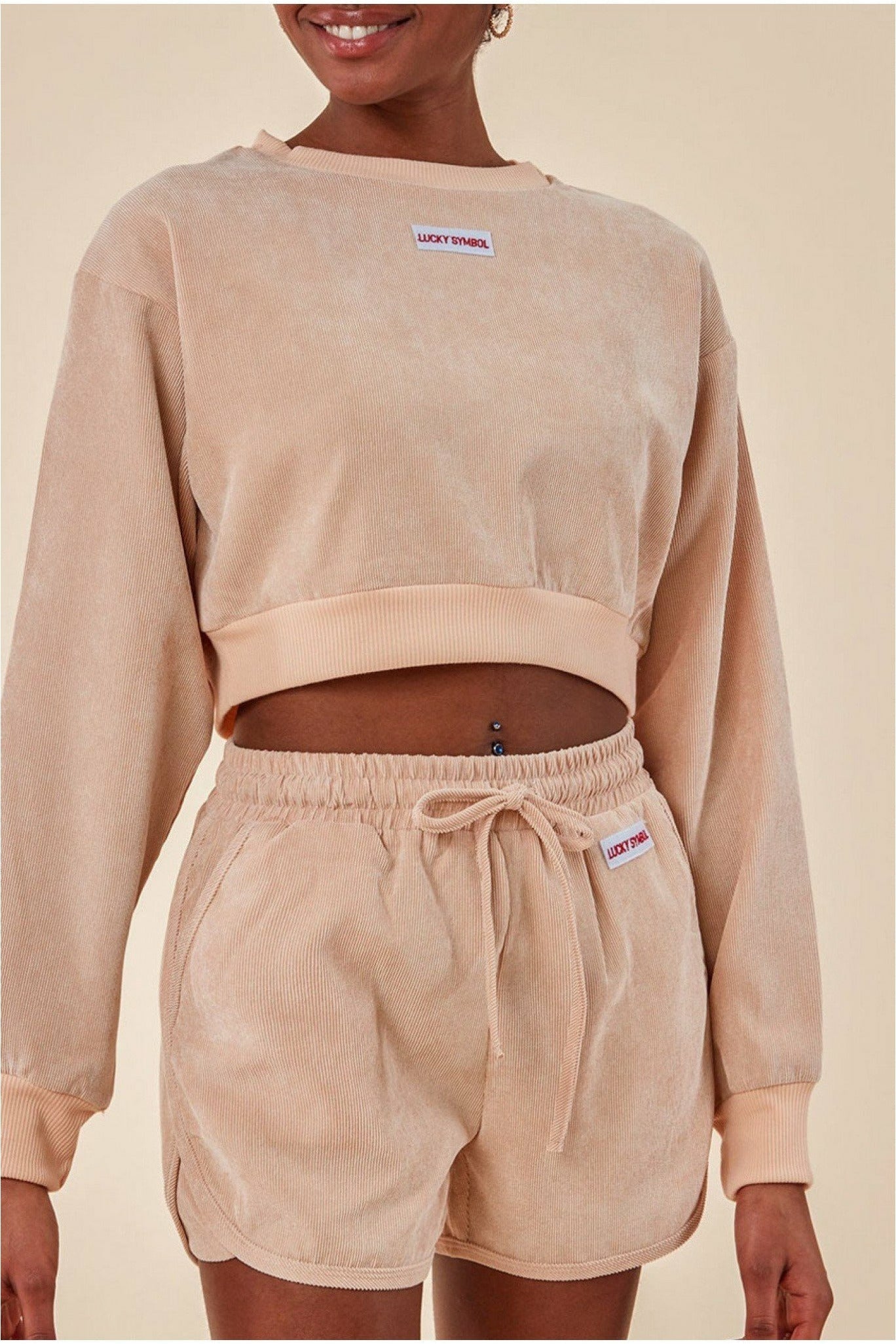 Cosmochic Oversized Cropped Sweater & Short Set - Beige