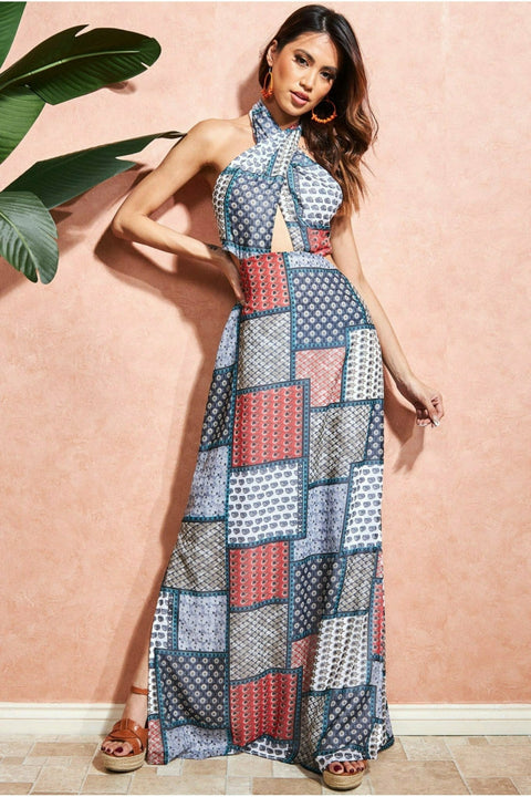 City Goddess Halter Neck Printed Maxi Dress - Blue