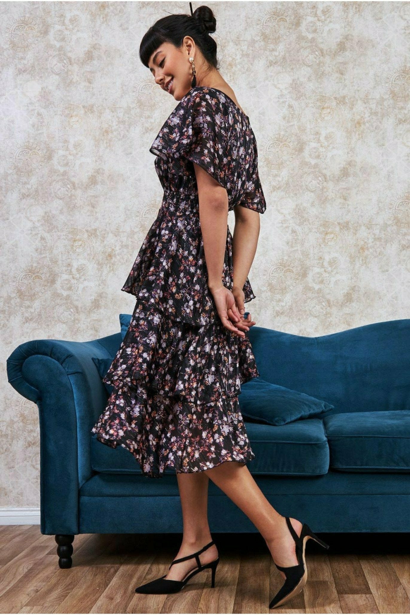Goddiva Floral Layered Midi With Flutter Sleeves - Navy