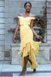 Goddiva Pleated Bardot High Low Tier Chiffon Midaxi Dress - Lemon