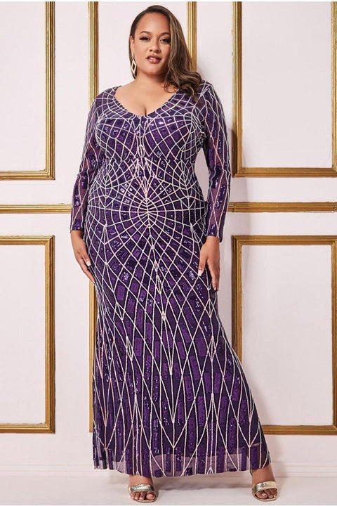 Goddiva Plus Geo Sequin Long Sleeve Maxi Dress - Purple