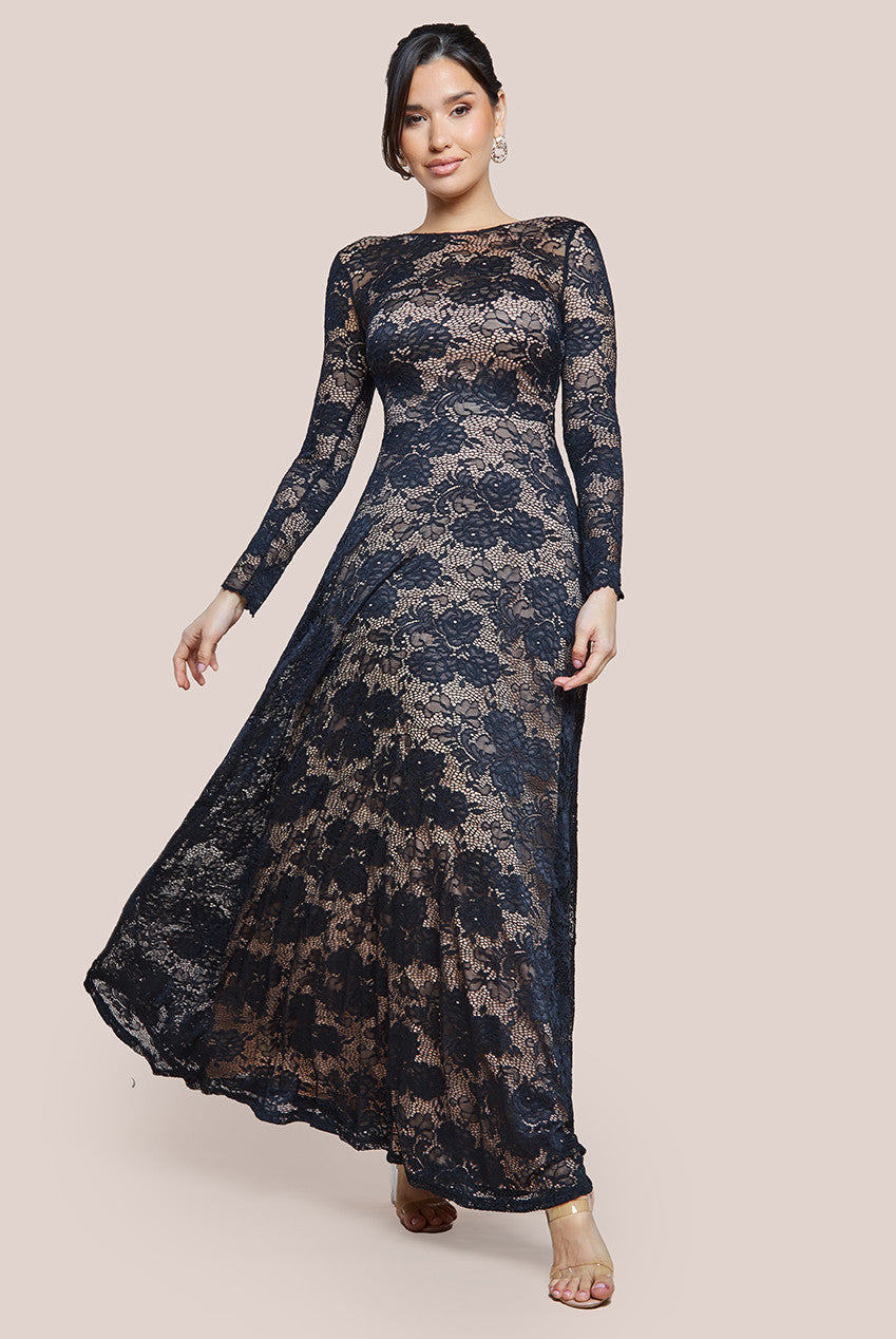 Goddiva Scalloped Lace A-Line Maxi Dress - Black