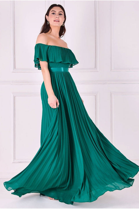 Goddiva Pleated Chiffon Off Shoulder Maxi Dress - Green