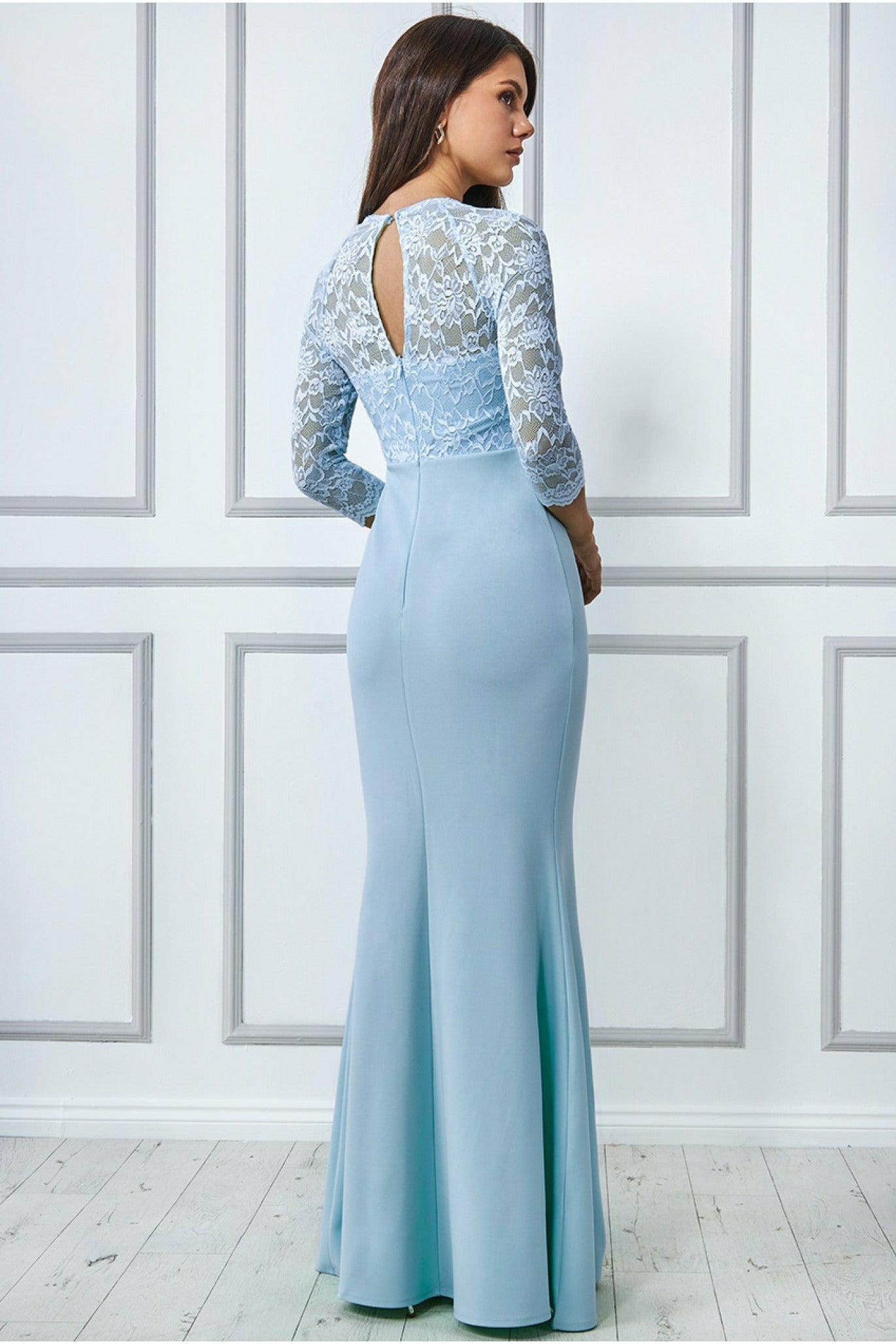 Goddiva Lace Bodice Maxi Dress With Sleeves - Powder Blue