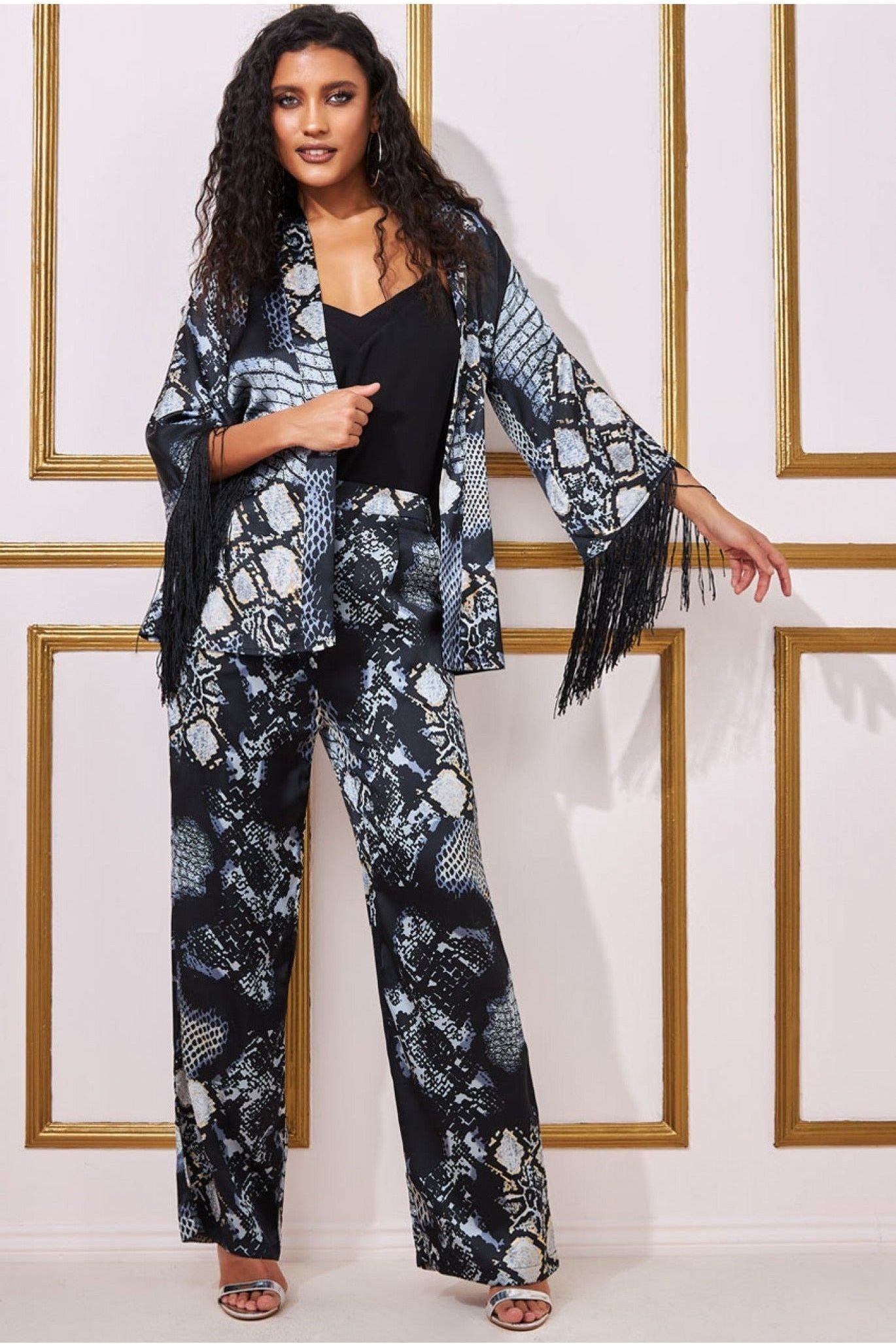 Goddiva Foil Print Kimono With Tassels - Black