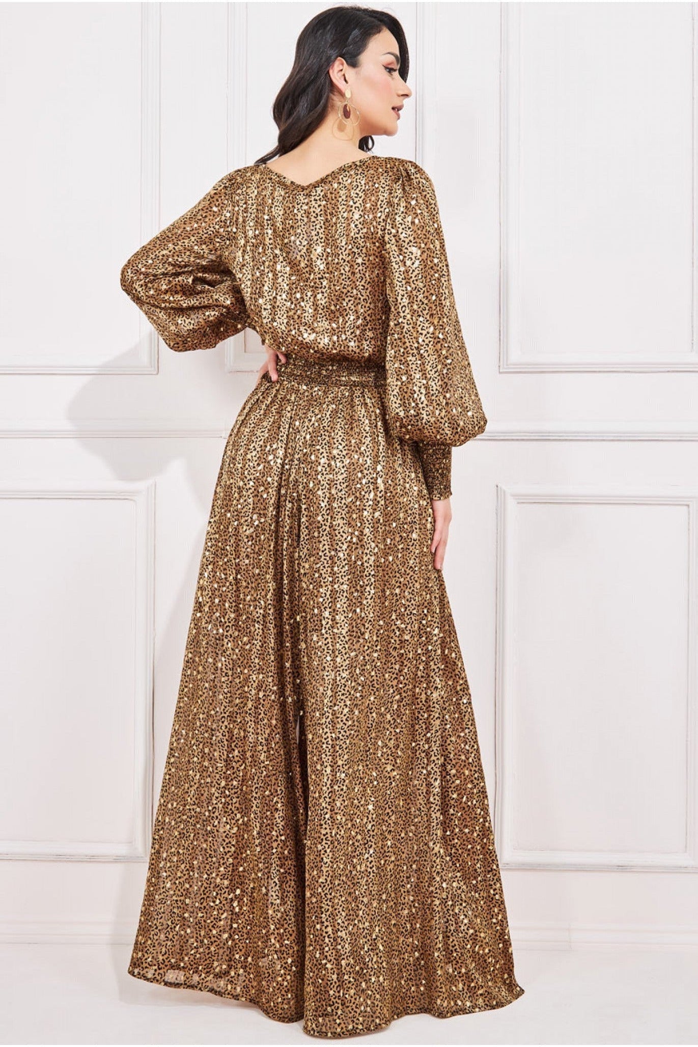 Goddiva Shirred Waist Chiffon Printed Maxi - Leopard Print