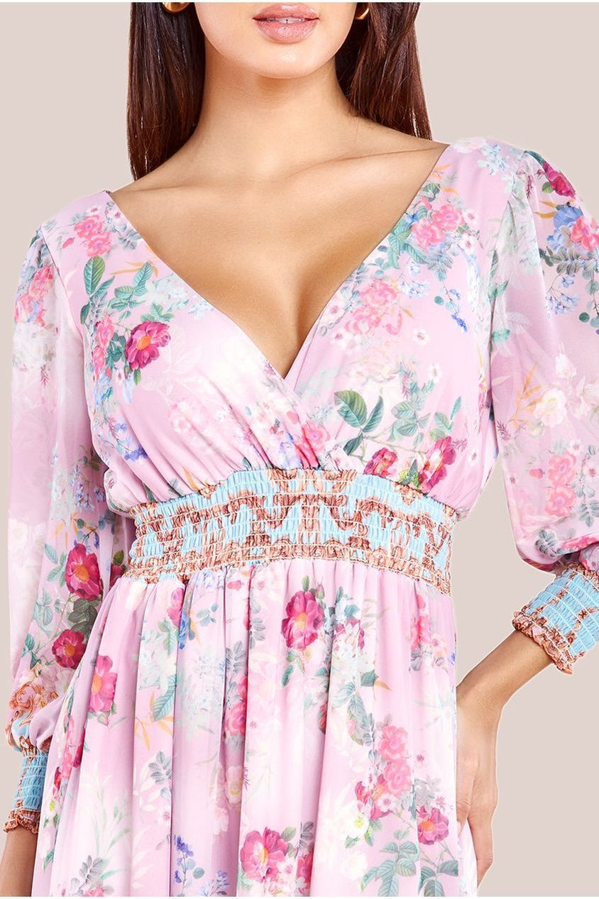 Goddiva Chiffon Wrap Border Floral Print Maxi Dress - Pink