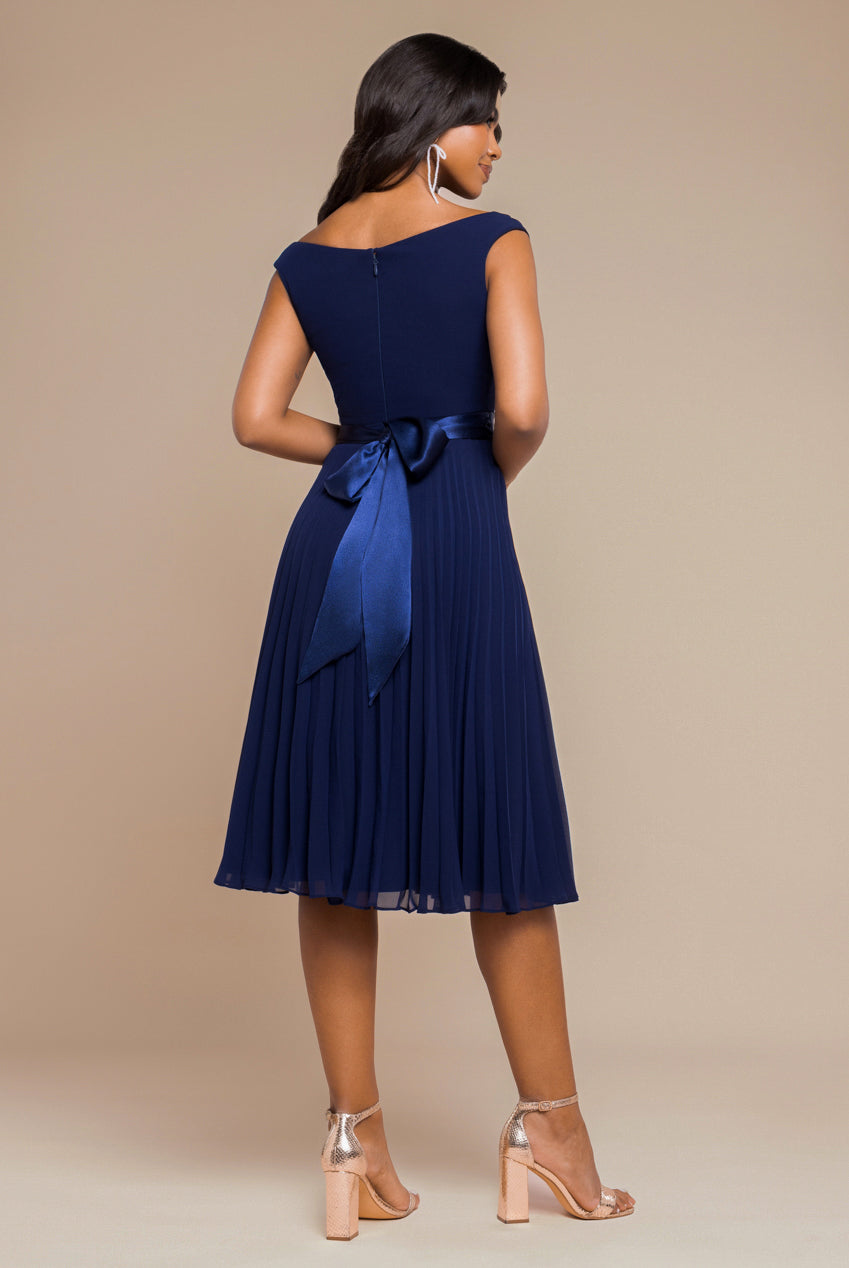 Goddiva Cowl Neck Pleated A-Line Chiffon Midi Dress - Navy Blue