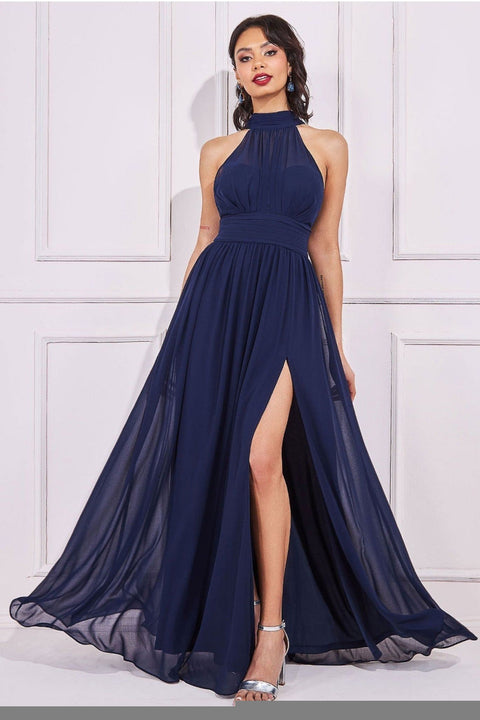 Goddiva Halterneck Chiffon Maxi With Thigh Split - Navy