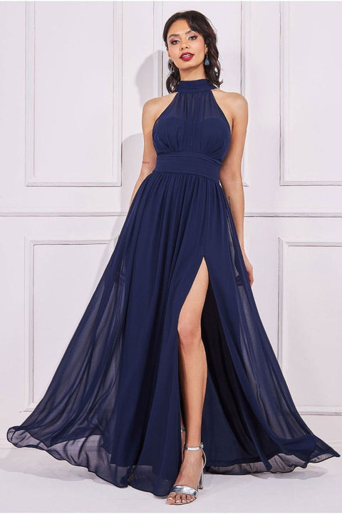 Goddiva Halterneck Chiffon Maxi With Thigh Split - Navy