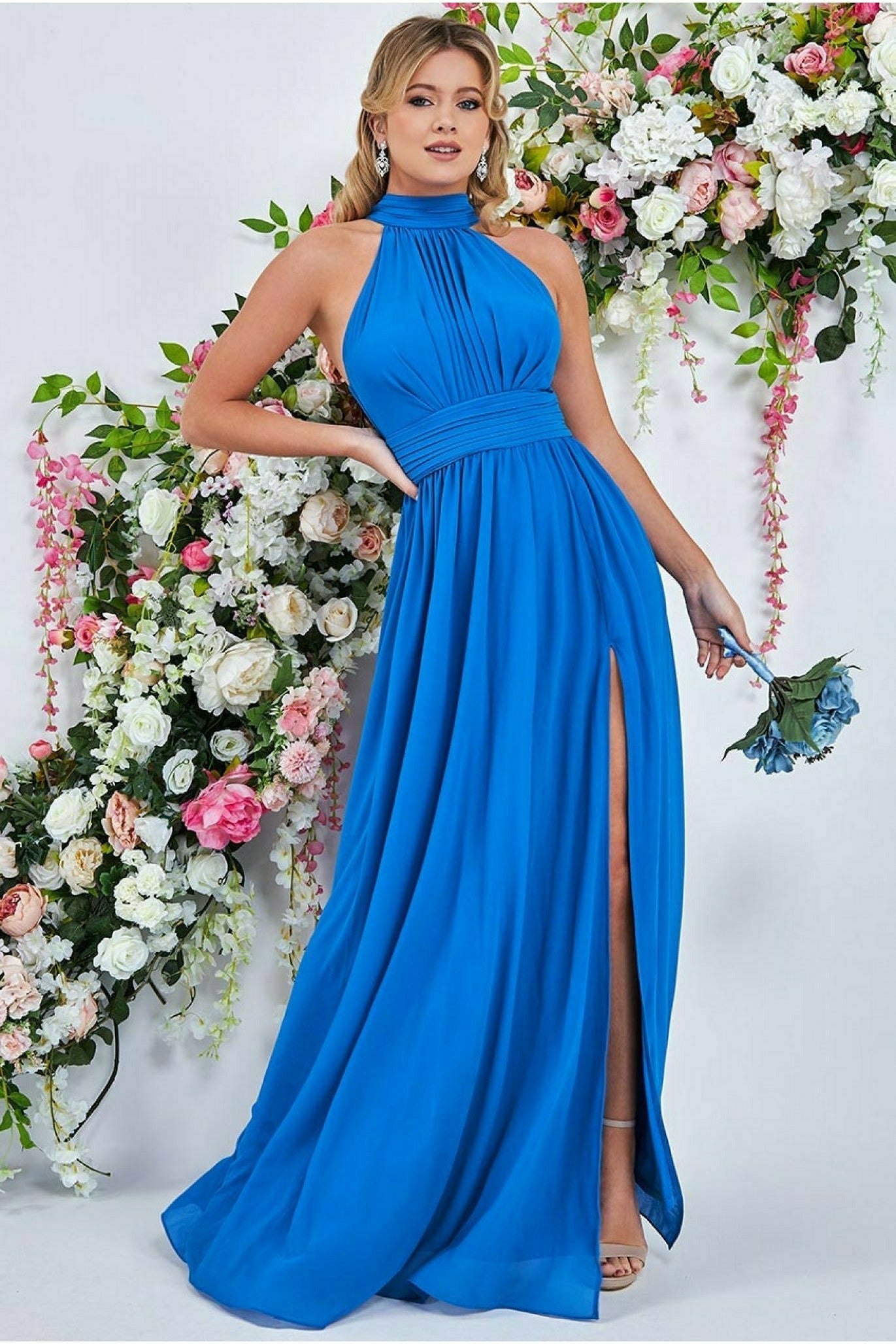 Goddiva Halterneck Chiffon Maxi With Thigh Split - Atlantic Blue