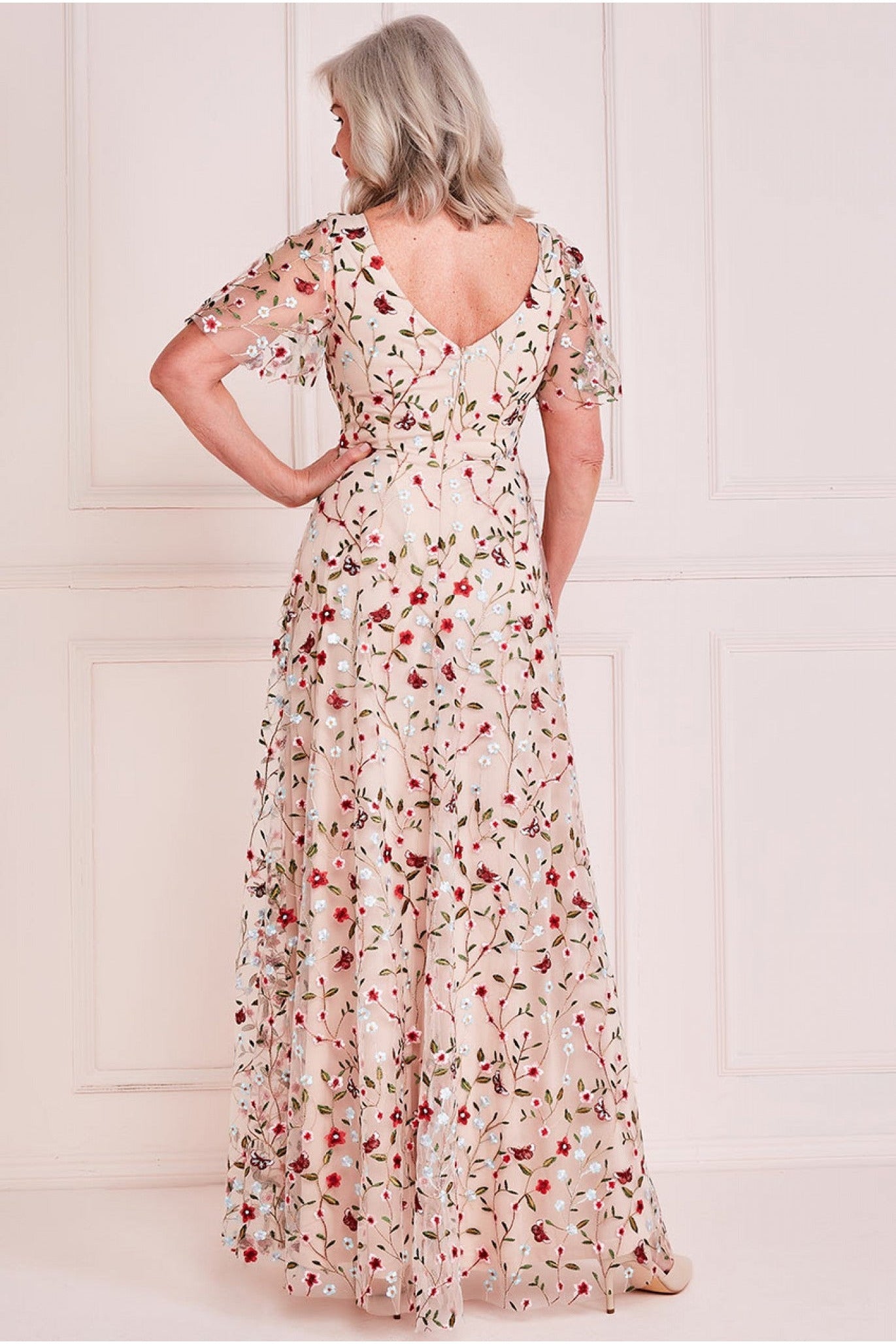 Goddiva Short Sleeve Embroidered Floral Maxi - Nude