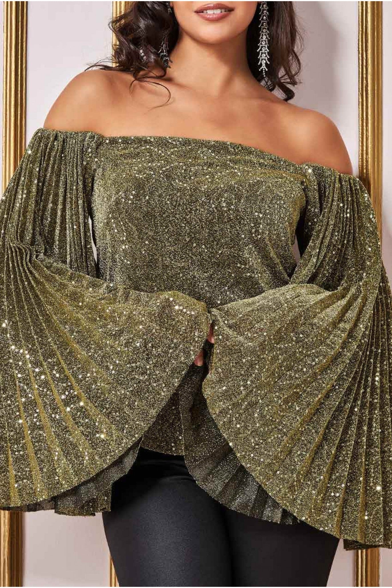 Goddiva Sequin Lurex Bardot Pleated Sleeve Top - Gold