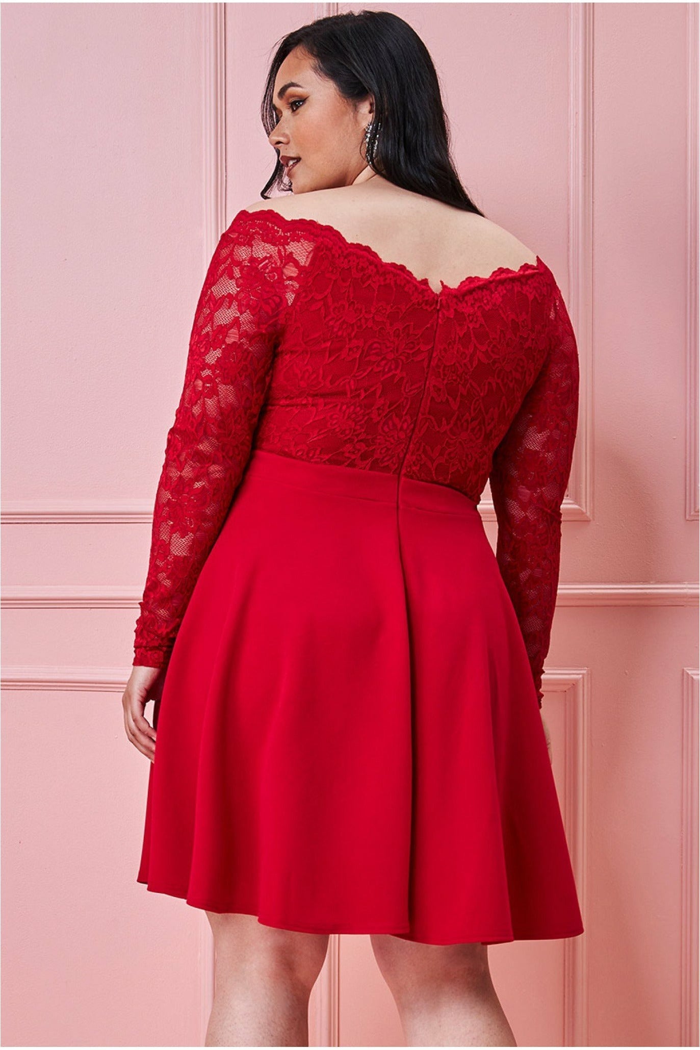 Goddiva Plus Off The Shoulder Lace Skater Dress - Red