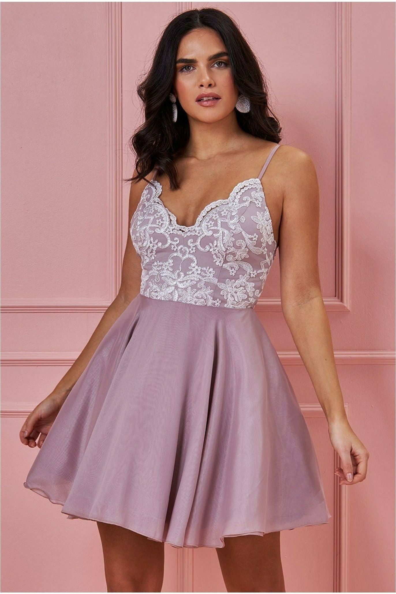 Goddiva Lace Skater Mini With Spaghetti Straps - Blush