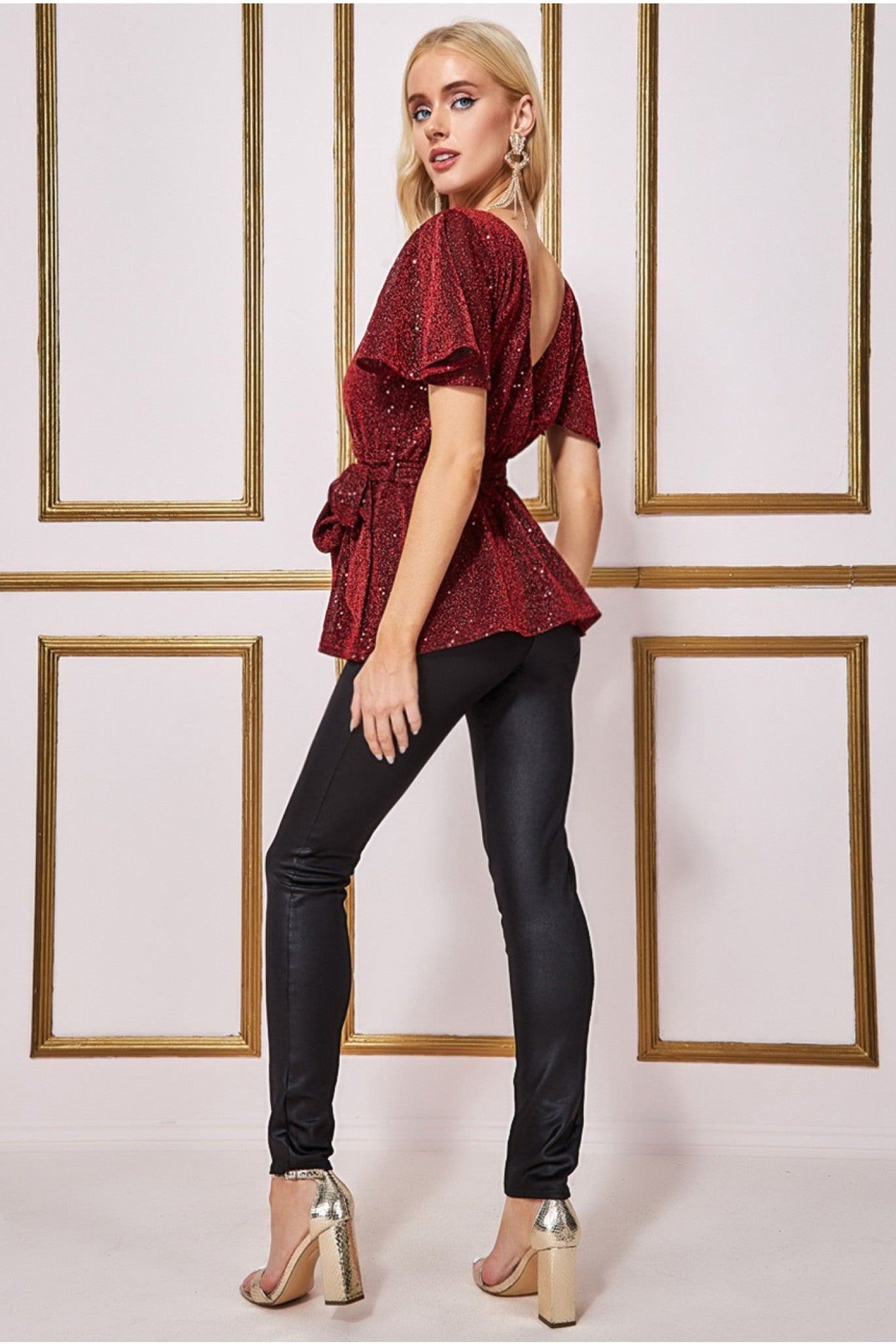 Goddiva Lurex Flutter Sleeve Wrap Top - Wine