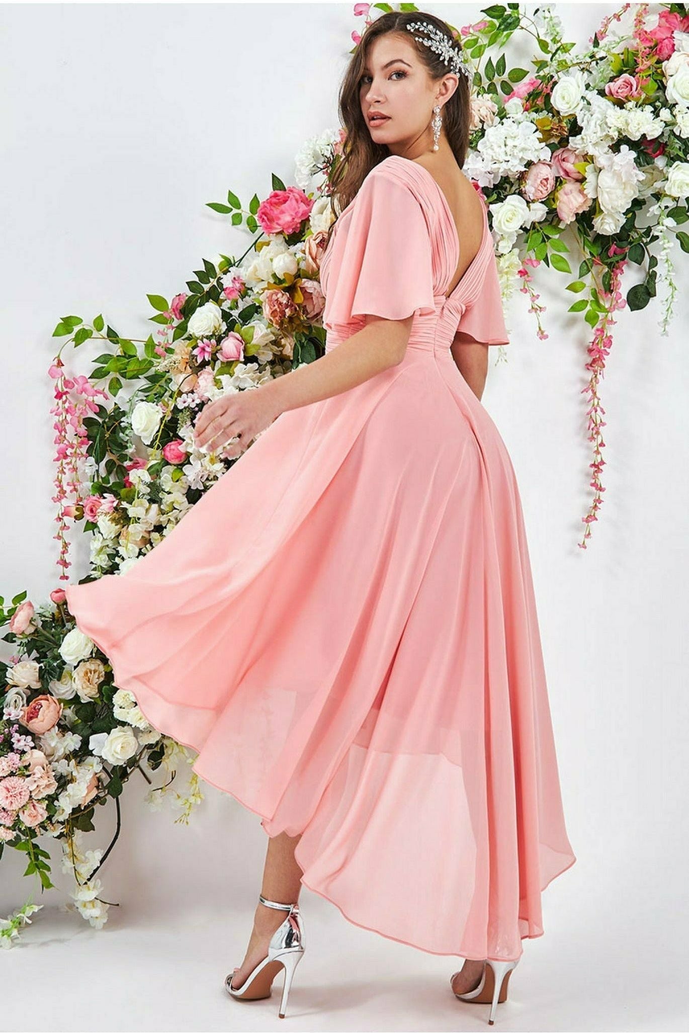 Goddiva Pleated Chiffon High Low Midi Dress - Peach