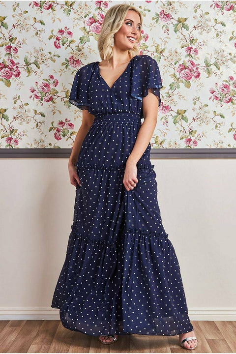 Goddiva Polka Dot Tiered Chiffon Maxi Dress - Navy