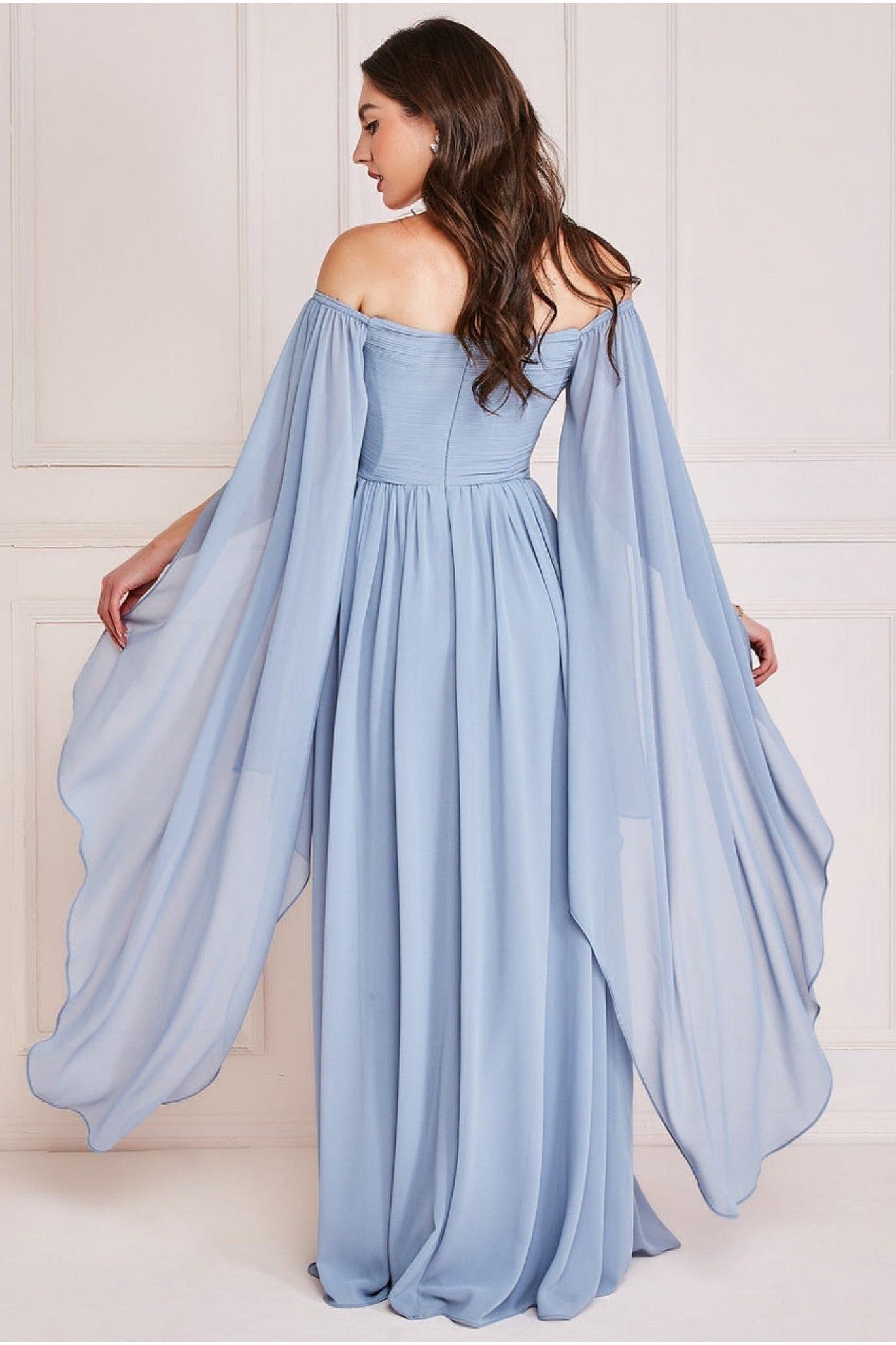 Goddiva Chiffon Off The Shoulder Maxi With Cape Sleeves - Blue