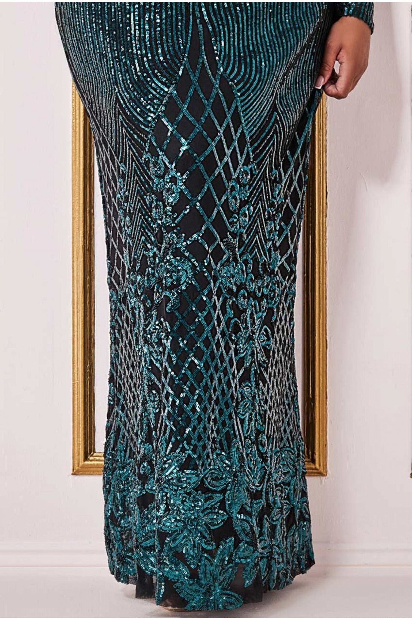 Goddiva Plus Long Sleeve Sequin V Wrap Maxi - Emerald
