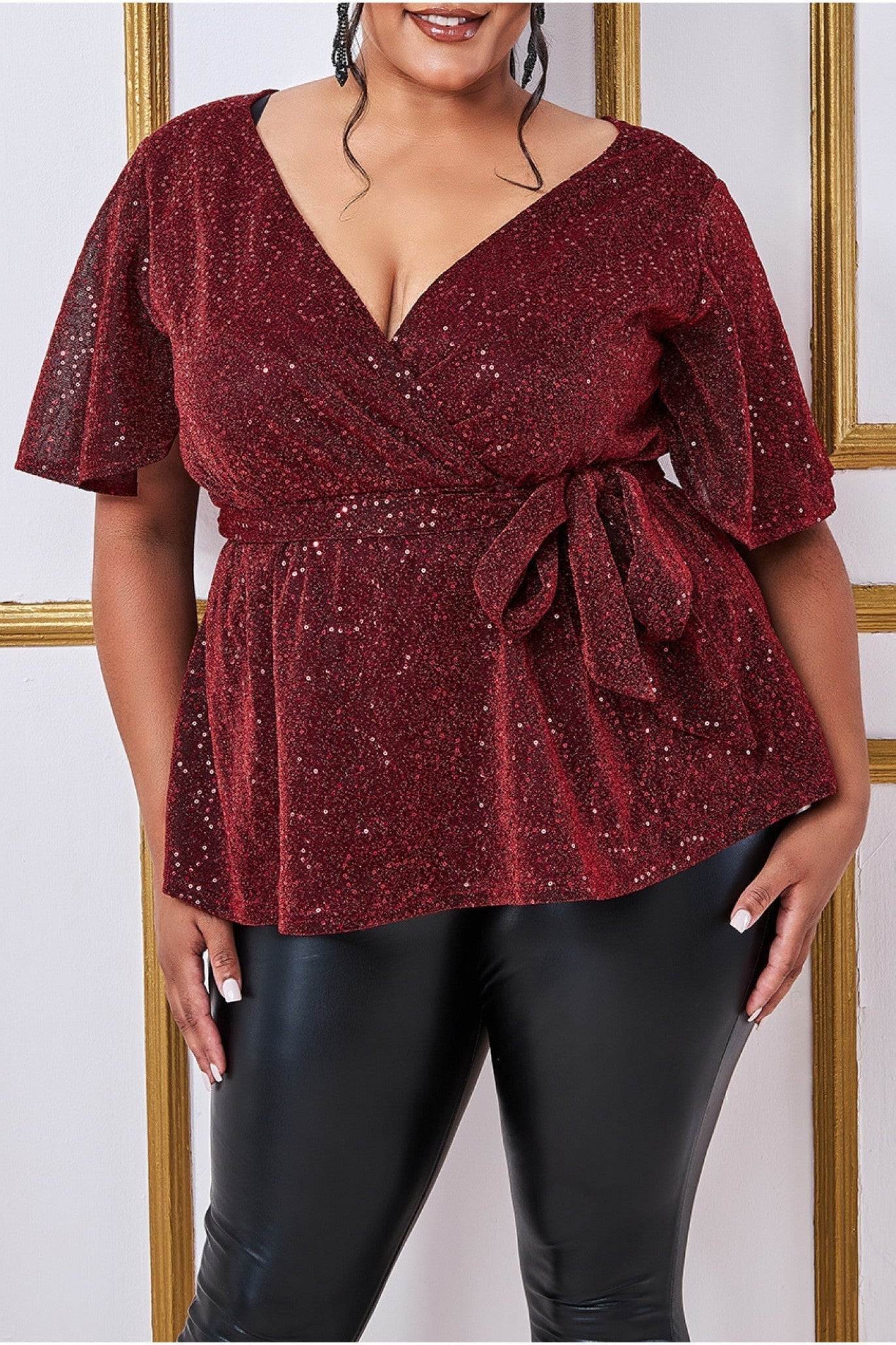 Goddiva Plus Lurex Flutter Sleeve Wrap Top - Wine