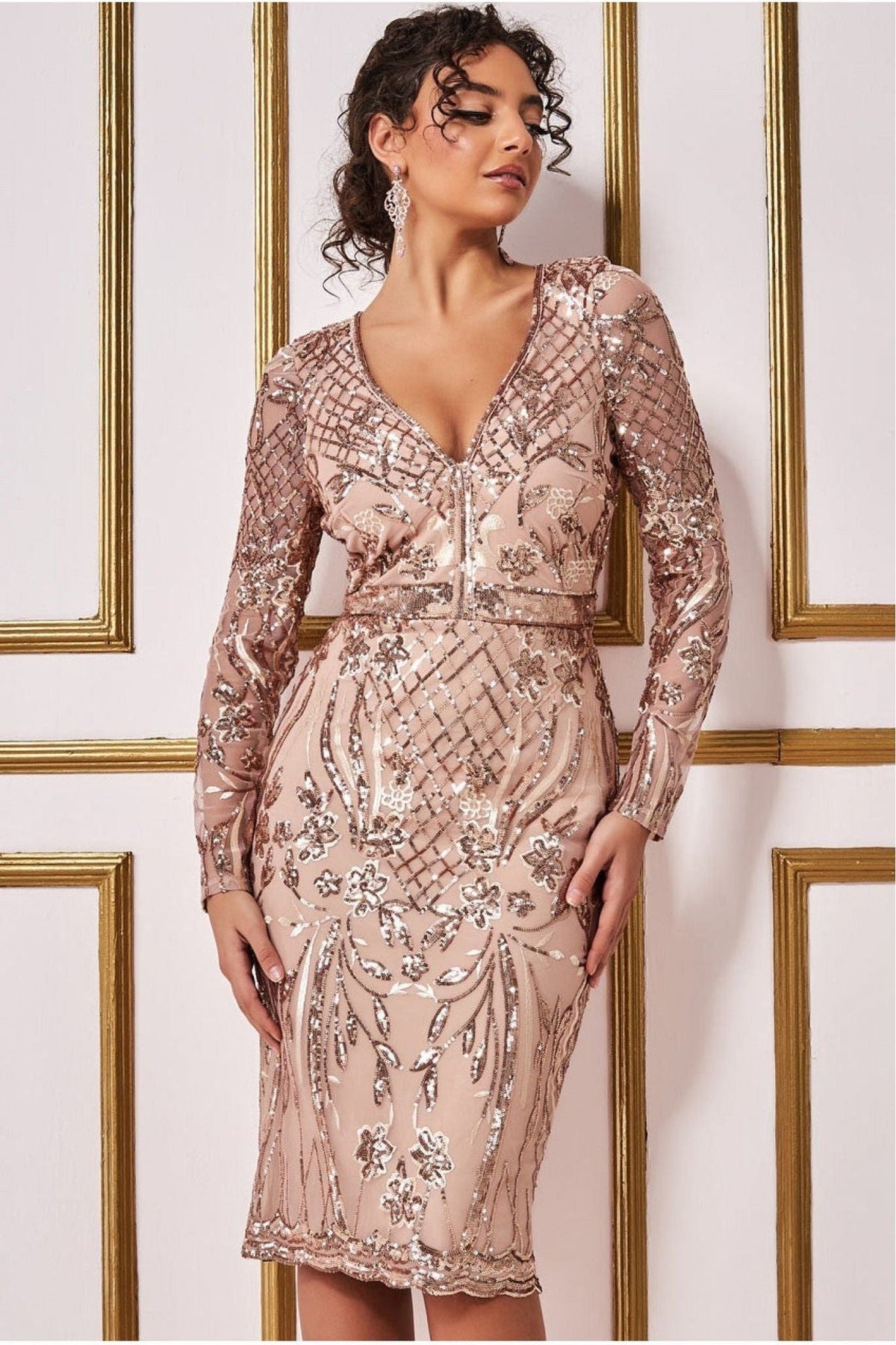 Goddiva Full Sleeve Sequin Midi Dress - Champagne