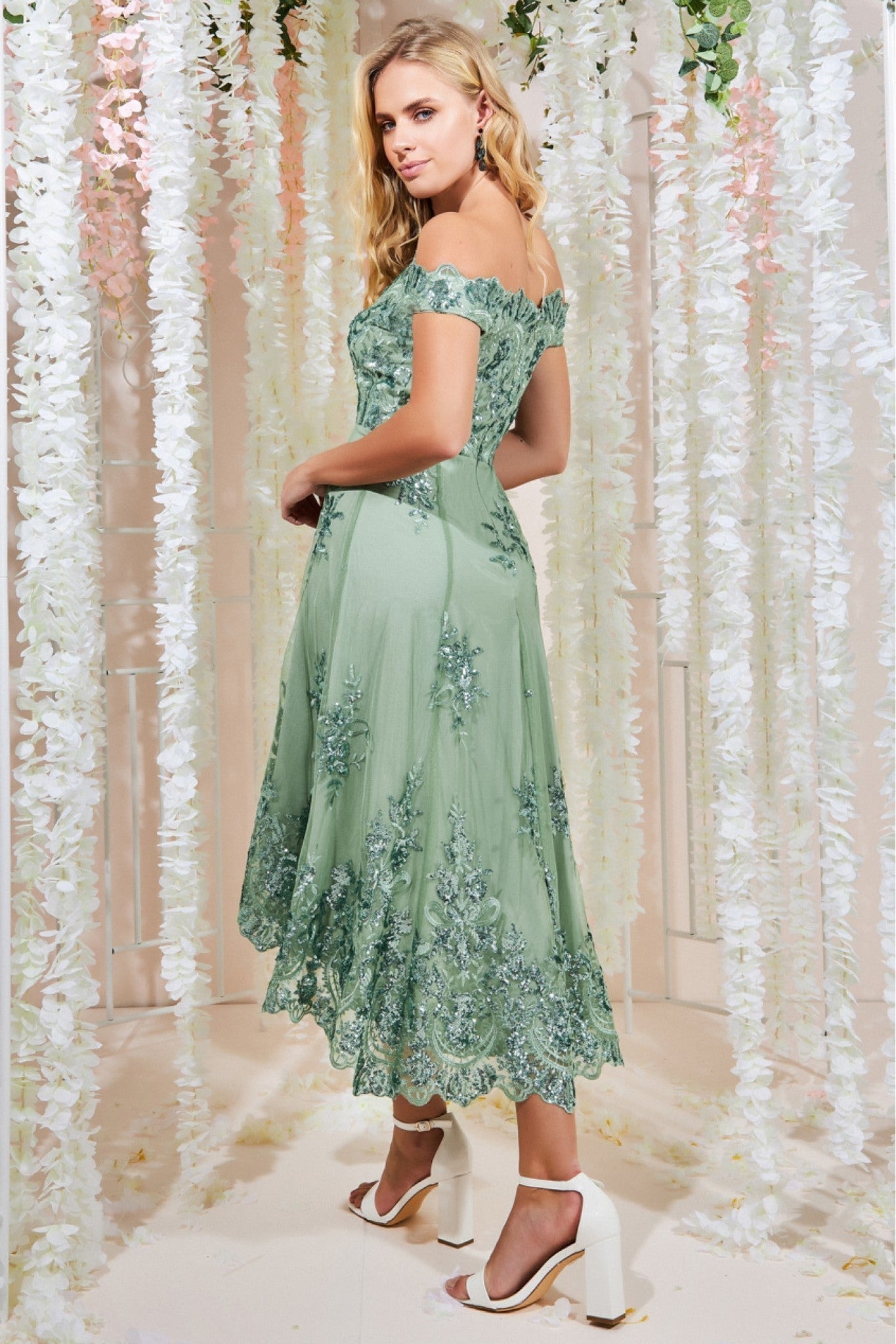 Goddiva Bardot Sequin & Lace High Low Midi - Sage Green