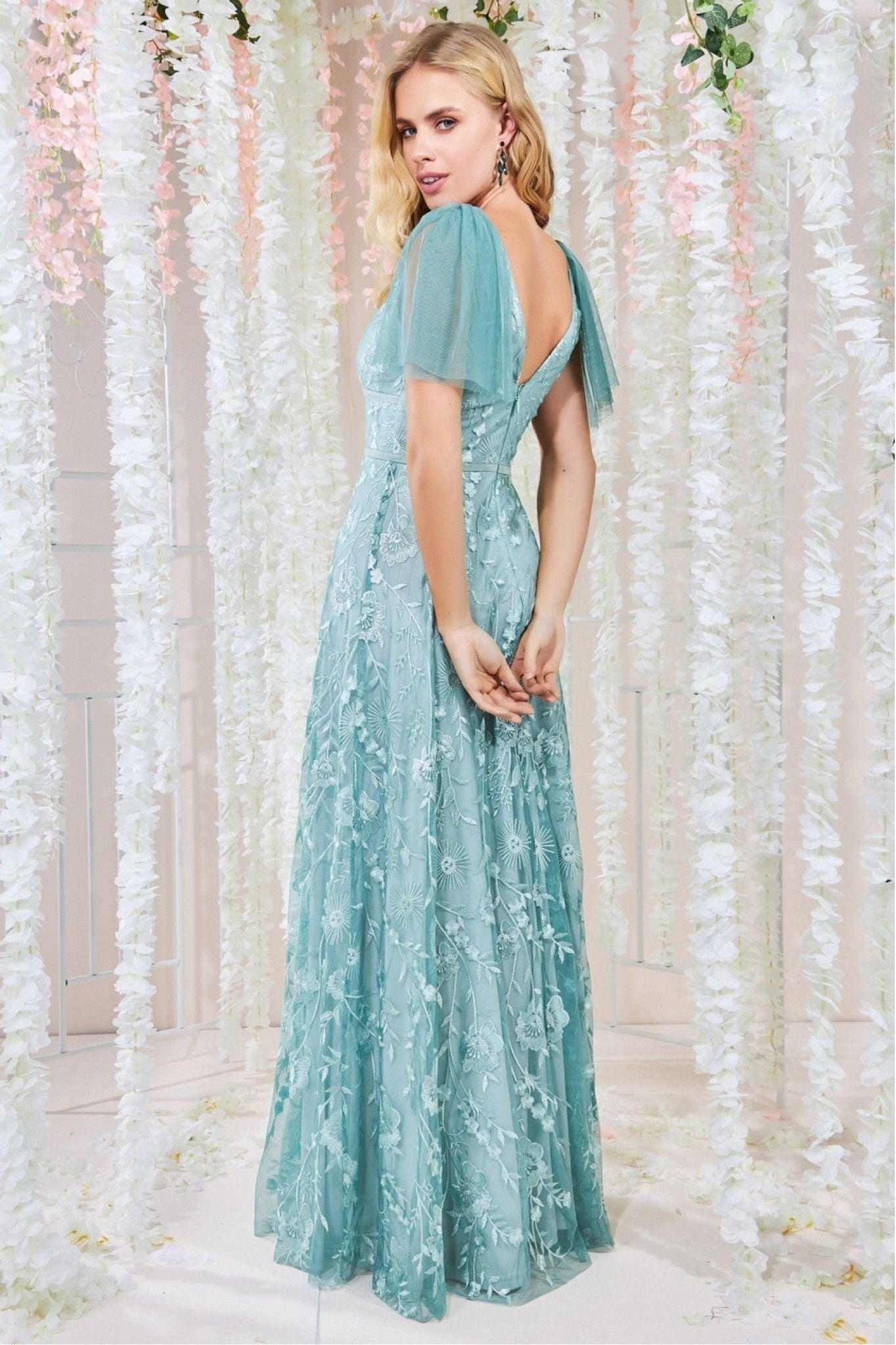 Goddiva Embroidered Lace Maxi Flutter Sleeves - Sage Green