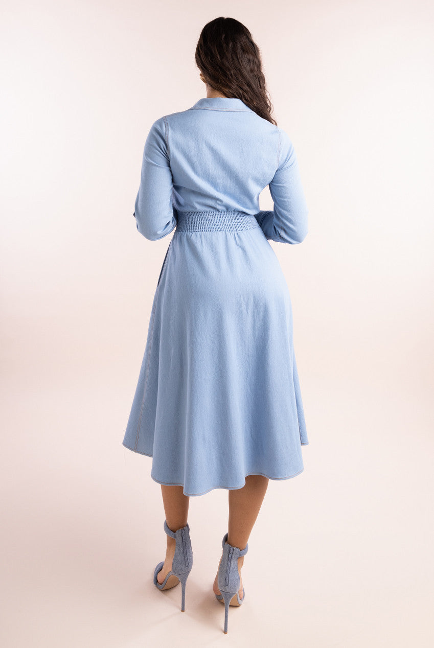 Goddiva Denim Flared Midi Shirt Dress - Sky Denim