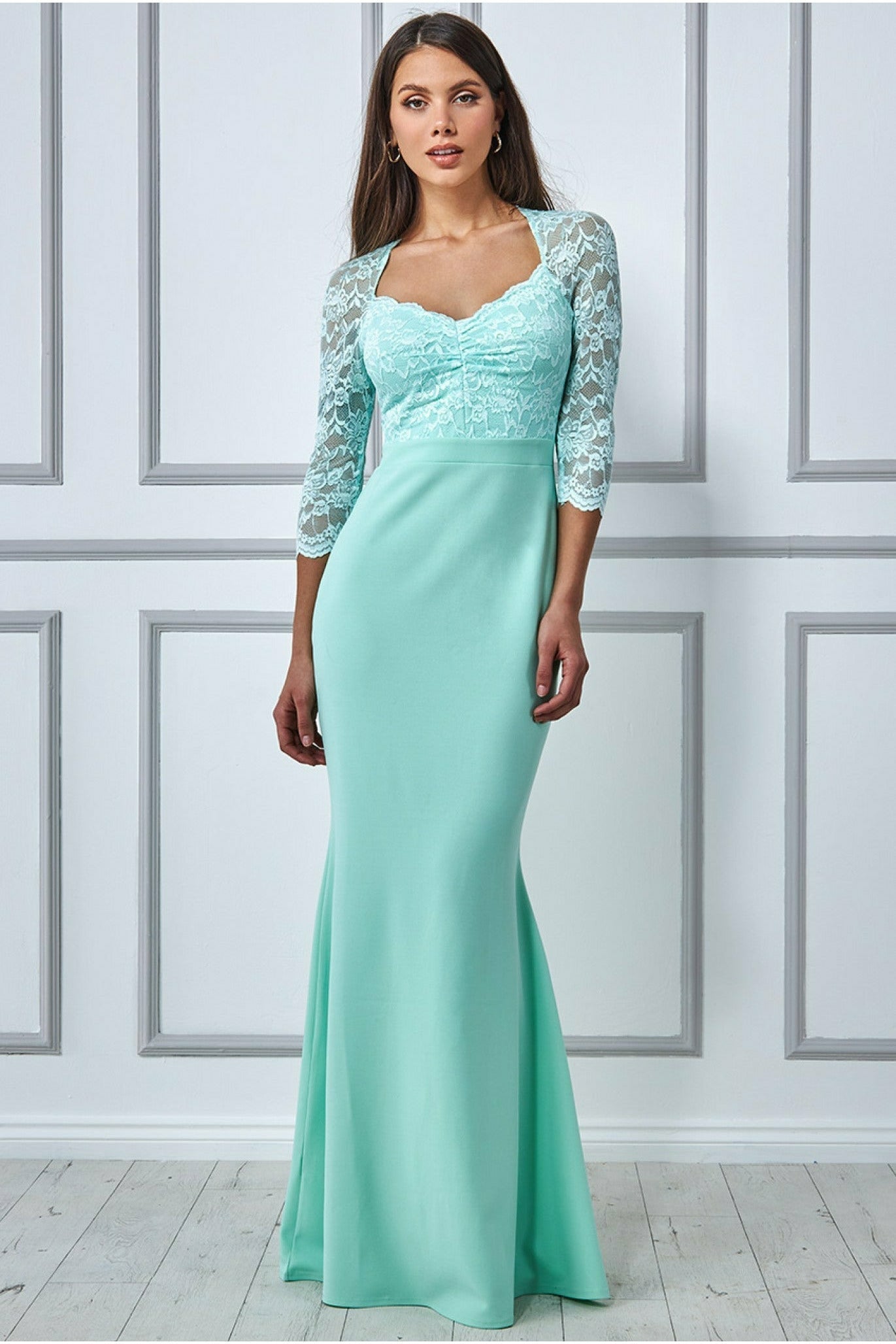 Goddiva Lace Bodice Maxi Dress With Sleeves - Mint
