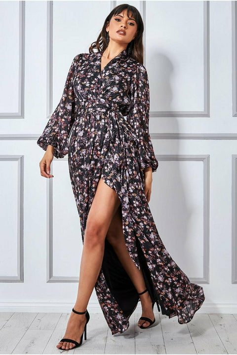 Goddiva Front Split Floral Maxi - Navy Floral