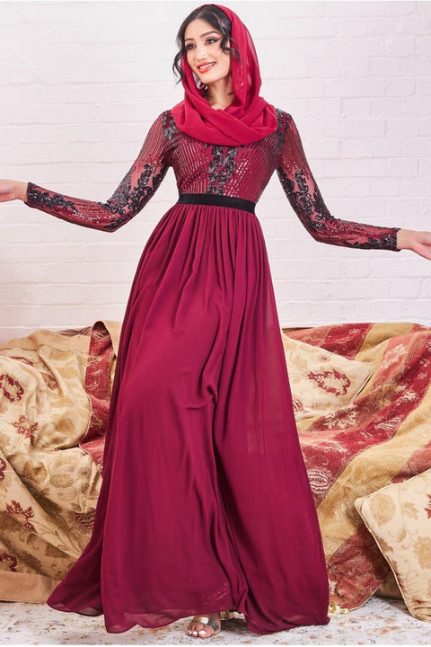 Goddiva Modesty Sequin Mesh Bodice Maxi Dress - Wine